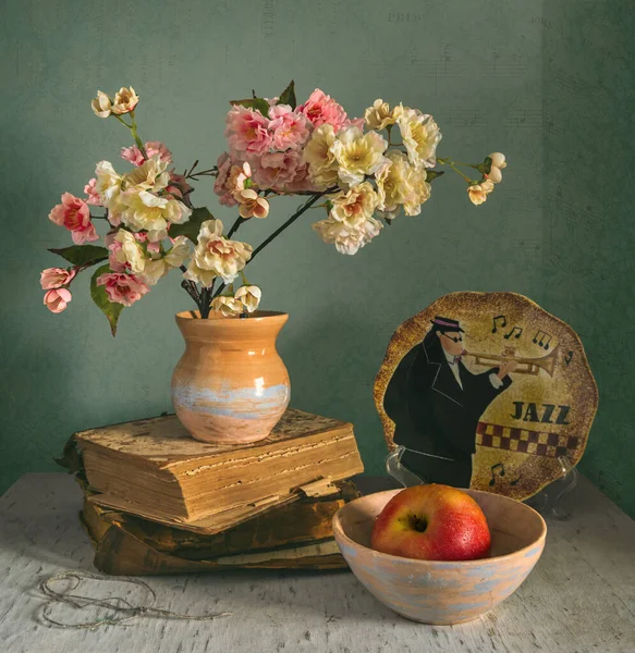 Still Life Blooming Sakura Apple Vintage Interior — Stock Photo, Image