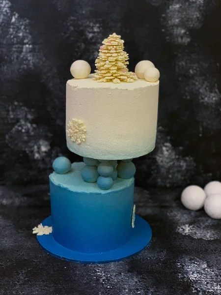 Blue and white two levels cake with bisquit — ストック写真