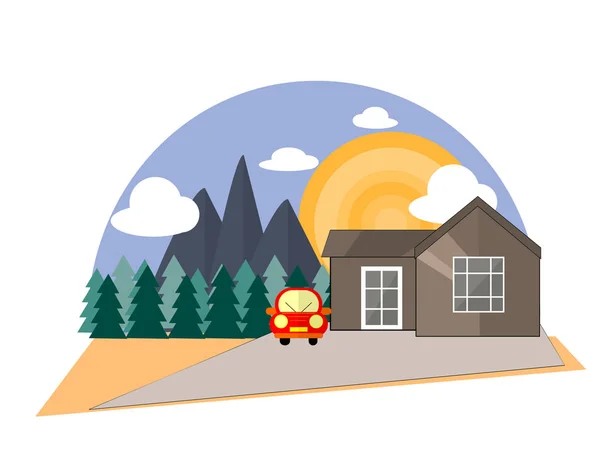 Horská strana letní krajina s domem, lesů, červené auto v — Stockový vektor