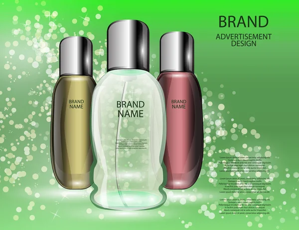 Botellas cosméticas glamurosas, frascos en el fondo de efectos brillantes . — Vector de stock