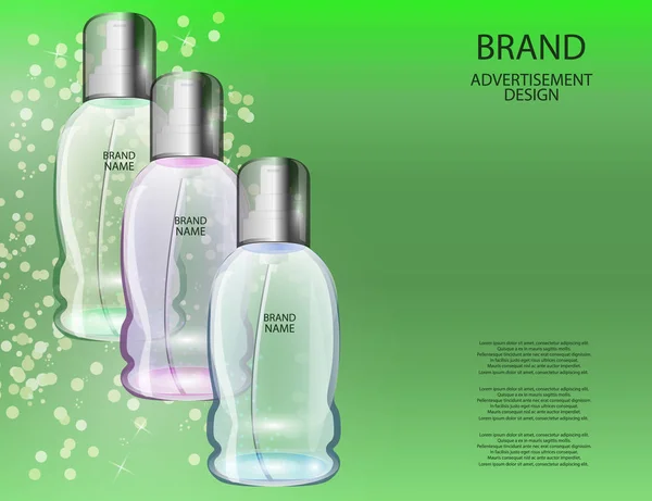 Botellas cosméticas glamurosas, frascos en el fondo de efectos brillantes . — Vector de stock