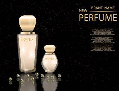 Çekici parfüm cam şişe köpüklü etkileri arka plan üzerinde. Mockup 3d gerçekçi vektör çizim