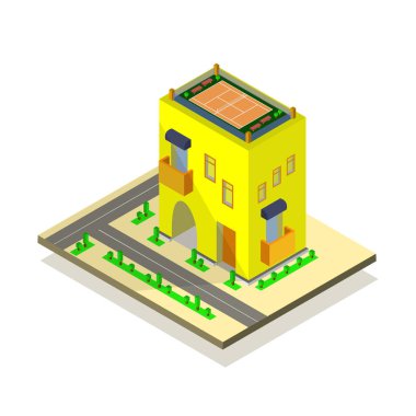 Sarı ev, yol ve yeşil ağaçlar