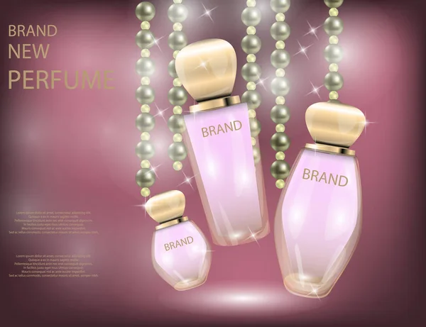 Glamorös parfym glasflaskor på gnistrande effekter bakgrunden. Mockup 3d realistisk vektor illustration — Stock vektor