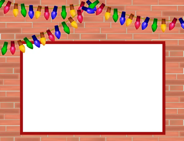 Pared de ladrillo rojo con luces de Navidad y marco para algún texto . — Vector de stock