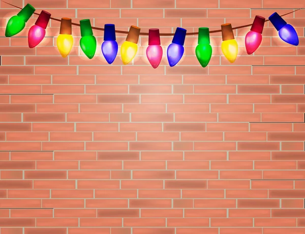 String of Color christmas light bulbs  on red brick background. — Stock Vector