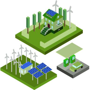 İzometrik Eko öğeler için şehir, yeşil ev, Araba, şarj, yel değirmeni