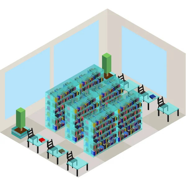 Labre isométrique avec étagères, livres, tables et chaises — Image vectorielle