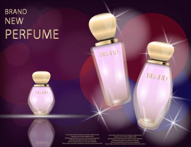 Çekici parfüm cam şişe köpüklü etkileri arka plan üzerinde. Mockup tasarım 3d gerçekçi vektör çizim