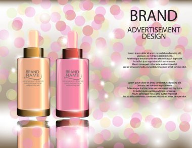 Kollajen Premium Serum konteyner şablon, köpüklü etkileri arka plan üzerinde parlak şişe. Mockup 3d gerçekçi vektör çizim