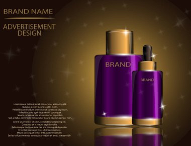 Kollajen Premium Serum konteyner şablon, köpüklü etkileri arka plan üzerinde parlak şişeler.