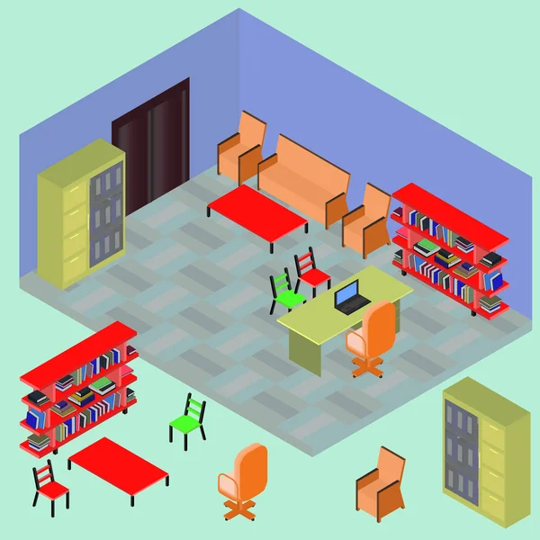 Isometrischer Arbeitsplatz mit einer Reihe von Objekten: Tisch, Computerbücherregale, Sessel, Sofa, Ordner, Ordner, Bücher — Stockvektor