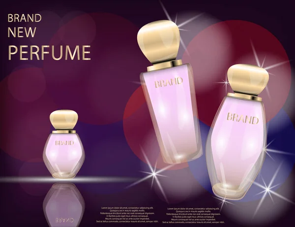 Flaconi di vetro profumo glamour sullo sfondo effetti scintillanti. Illustrazione vettoriale realistica 3D Mockup per il design — Vettoriale Stock