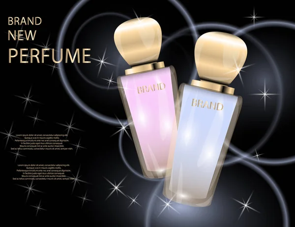 Flacons de verre de parfum glamour sur le fond des effets scintillants. Illustration vectorielle réaliste 3D maquette — Image vectorielle