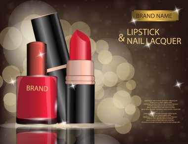 Göz alıcı tırnak vernik ve köpüklü etkileri arka plan ruj. Mockup 3d gerçekçi vektör çizim