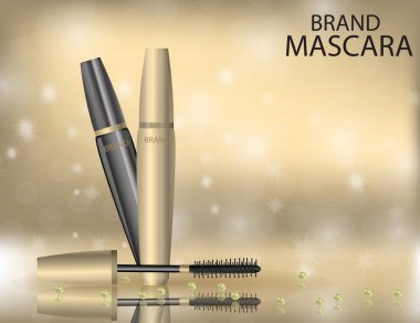 Göz alıcı maskara ürün, 3D köpüklü etkileri arka plan üzerinde siyah ve altın ambalaj tasarımı.