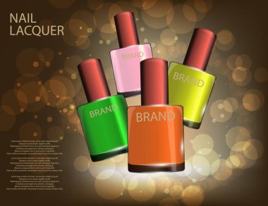 Renkli tırnak vernik şablon, köpüklü etkileri arka plan üzerinde parlak şişeler.