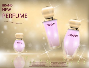 Çekici parfüm cam şişe köpüklü etkileri arka plan üzerinde