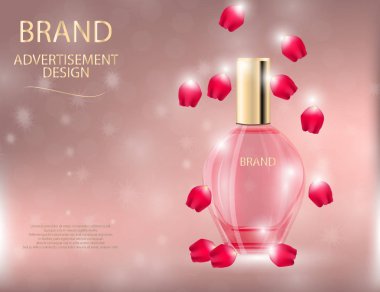 Çekici parfüm cam şişe köpüklü etkileri arka plan üzerinde