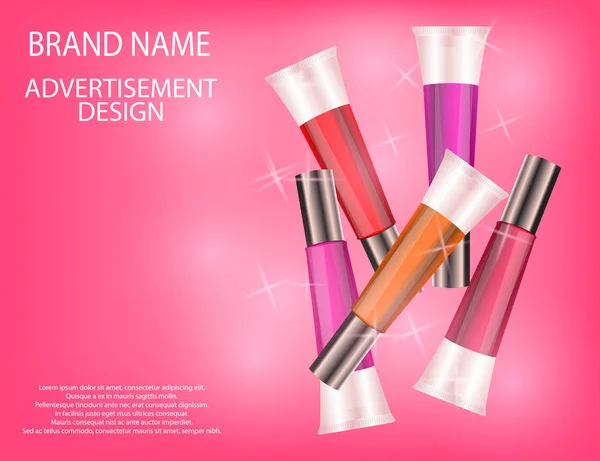 Glamorous Conjunto de tubos con brillo de labios en el fondo de efectos brillantes . — Vector de stock
