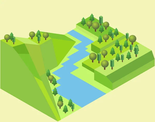 Terrain fluvial isométrique avec une rivière caractéristique herbe, arbres, rivière et sol — Image vectorielle