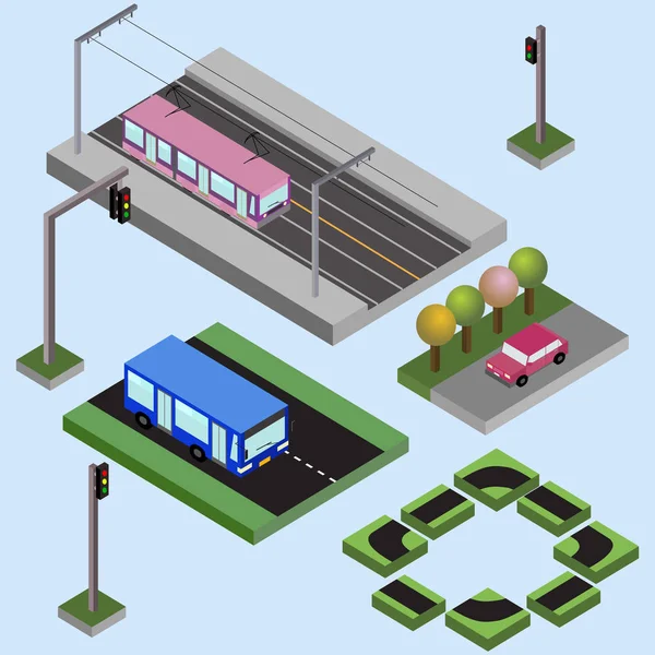 Elementos isométricos da cidade, ônibus, carro, bonde, ruas, semáforos, natureza, isolado , —  Vetores de Stock