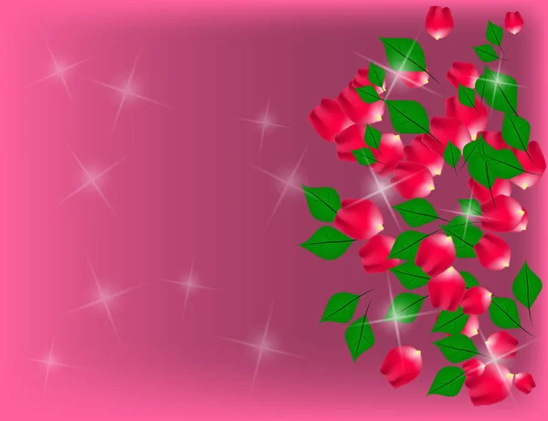 Absztrakt csillogó Holiday háttér rózsaszirom és zöld levelek — Stock Vector