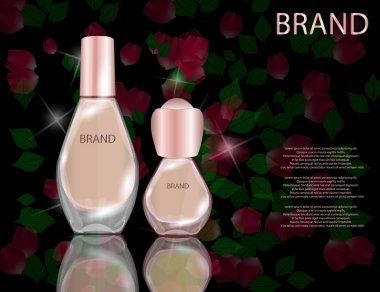 Çekici parfüm cam şişe köpüklü etkileri arka plan üzerinde