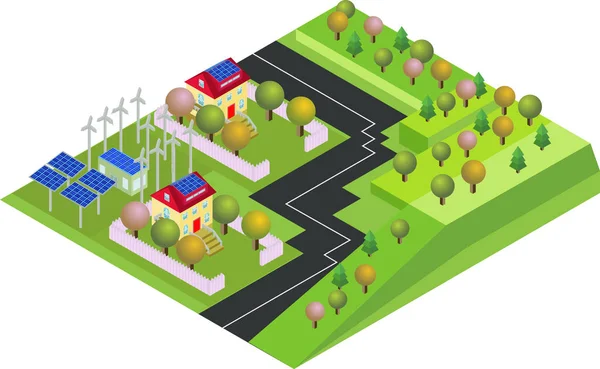 Pueblo ecológico isométrico, país con ambiente verde y hélice de energía eólica . — Archivo Imágenes Vectoriales