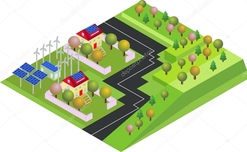 Isometric eco village, country with green environment and wind energy propeller.