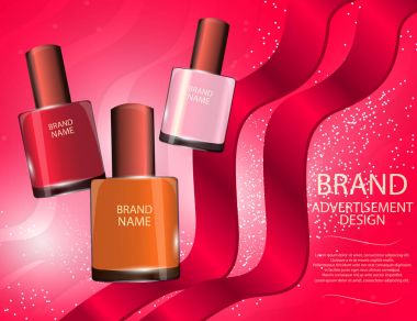 Renkli tırnak vernik şablon, köpüklü etkileri arka plan üzerinde parlak şişeler.