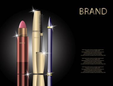 Dudak rengi kremi, maskara paket ve köpüklü etkileri arka plan üzerinde göz kalemi ile tüplerin göz alıcı seti