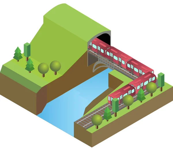 Tunnel ferroviaire avec train, pont au-dessus de la rivière, sur fond de nature — Image vectorielle