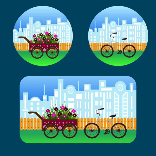 满花和自行车在现代城市剪影和木栅栏上的马车 — 图库矢量图片