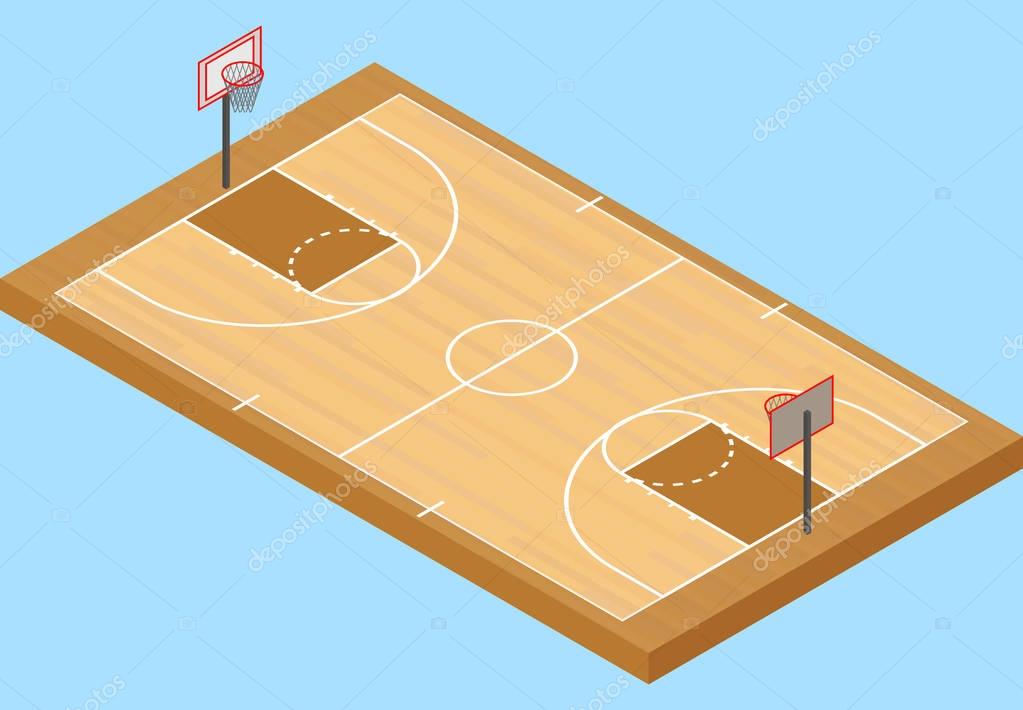 Cancha de baloncesto isométrica, con piso y baloncesto aro — Archivo