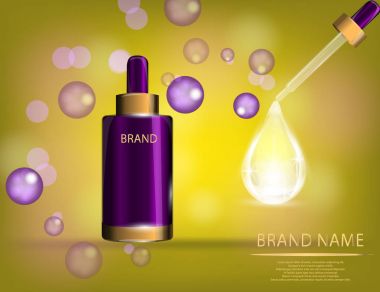 Kollajen Premium Serum konteyner şablonuyla Damlalık, parlak şişe köpüklü etkileri arka plan üzerinde.