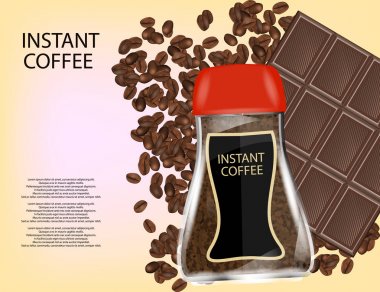 Kahve cam sürahi ile anlık kahve granülleri, çikolata Bar ve kahve çekirdekleri sarı arka plan üzerinde izole.