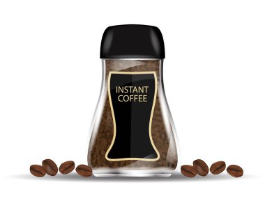 Kahve cam sürahi ile anlık kahve granülleri ve kahve çekirdekleri beyaz arka plan üzerinde izole.