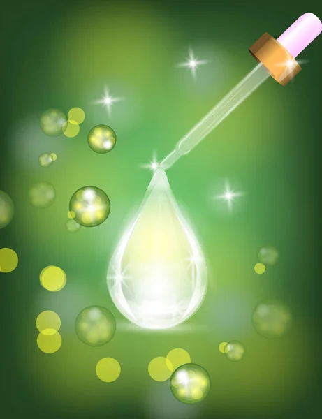 Dropper with Collagen serum drop on Sparkling, shine green background.