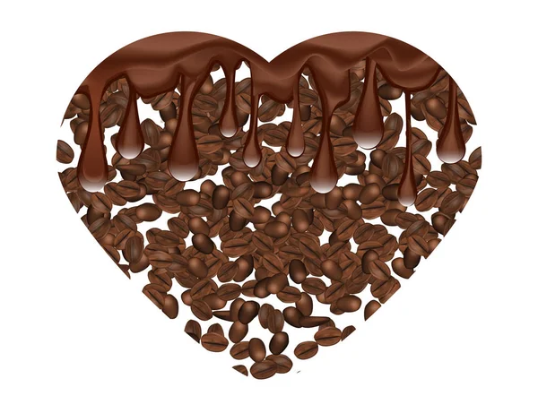 Ziarna kawy Hart kształt kropli rozpuszczoną czekoladą Isilated na białym tle. — Wektor stockowy