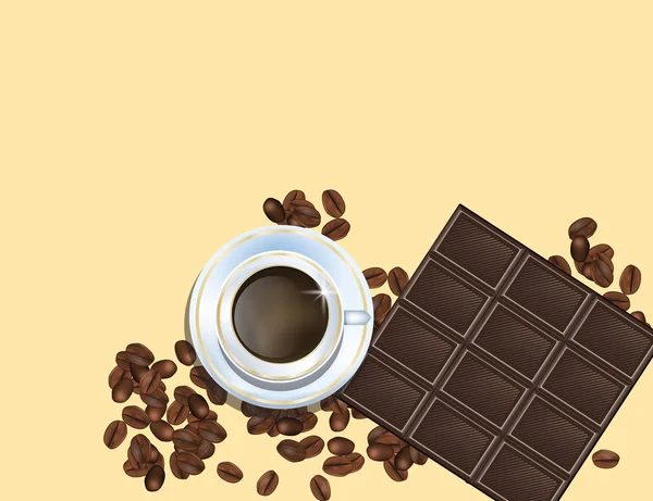 咖啡豆、 巧克力和白咖啡杯子隔离在黄色背景 — 图库矢量图片