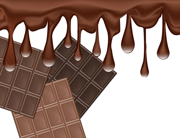 Gotas de chocolate derretido y conjunto de barras de chocolate aisladas sobre fondo blanco . — Archivo Imágenes Vectoriales