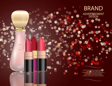 Köpüklü etkileri arka plan üzerinde çekici parfüm cam şişe ve kırmızı rujları ayarla.