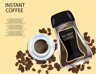 Kahve cam sürahi kahve çekirdekleri izole sarı arka plan üzerinde beyaz kap, anlık kahve granülleri ile.