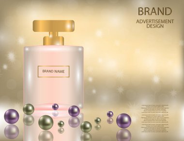 Çekici parfüm kare cam şişe köpüklü etkileri arka plan üzerinde.