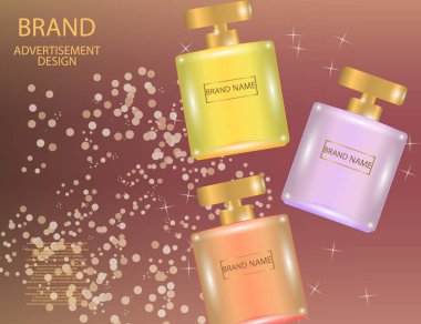 Çekici parfüm kare cam şişe köpüklü etkileri arka plan üzerinde