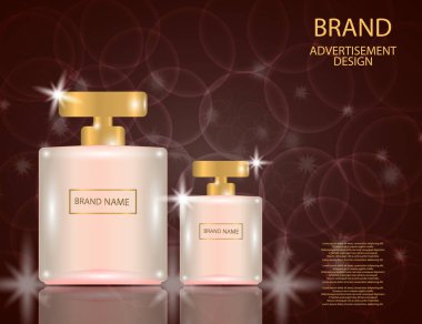 Çekici parfüm kare cam şişe köpüklü etkileri arka plan üzerinde.