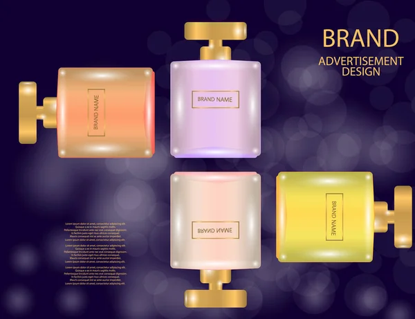 Glamoroso perfume Botellas de vidrio cuadradas sobre el fondo de efectos brillantes . — Vector de stock