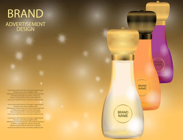 Frascos de vidrio de perfume glamuroso en el fondo de efectos brillantes . — Vector de stock