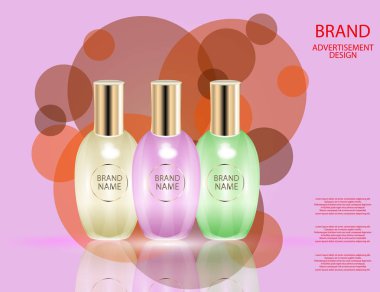 Çekici parfüm cam şişe köpüklü etkileri arka plan üzerinde.